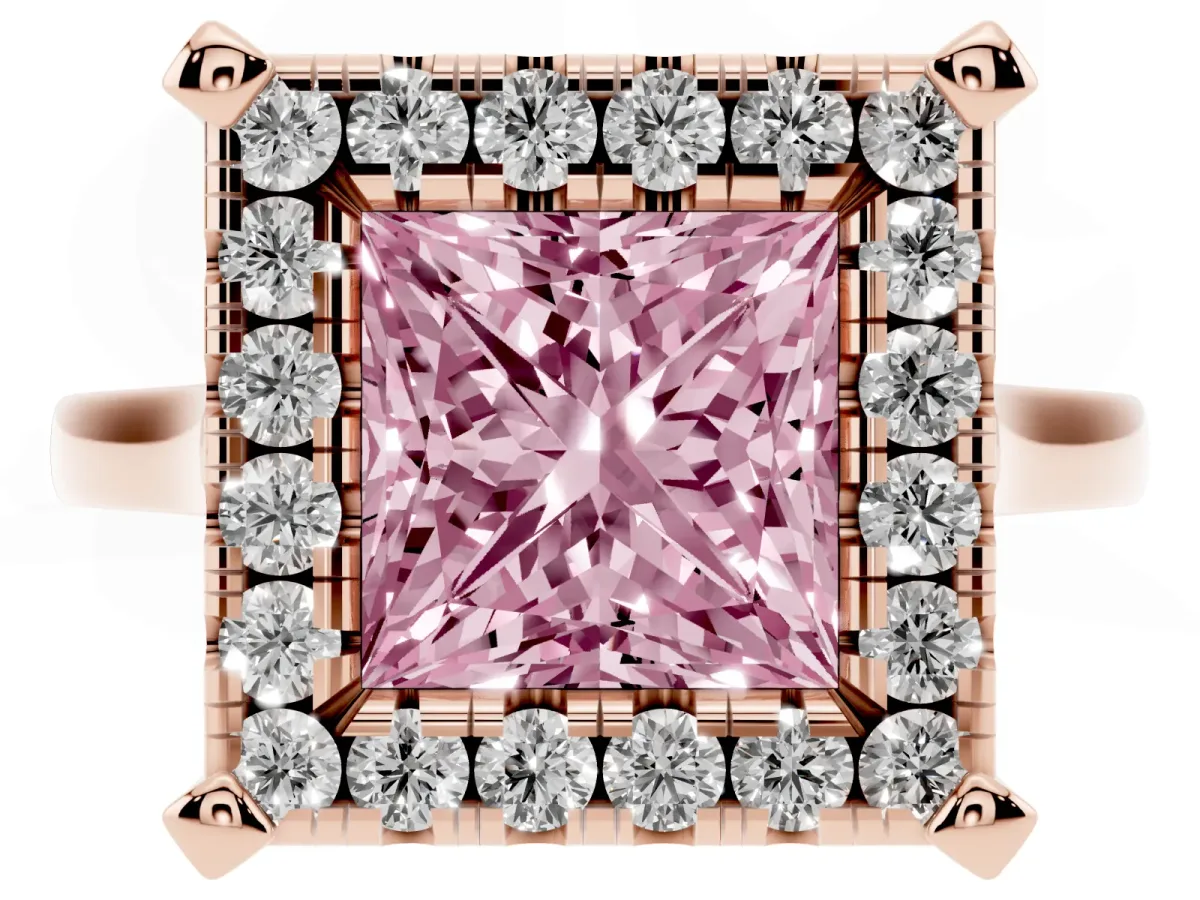 Fancy Pink Princess Cut Diamond Cluster Halo Solitaire with Four-Prong Setting Rose gold