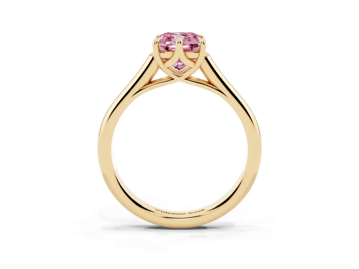 Fancy Pink Cushion Cut Solitaire Engagement Ring with Six-Prong Setting and Classic Band Yellow gold