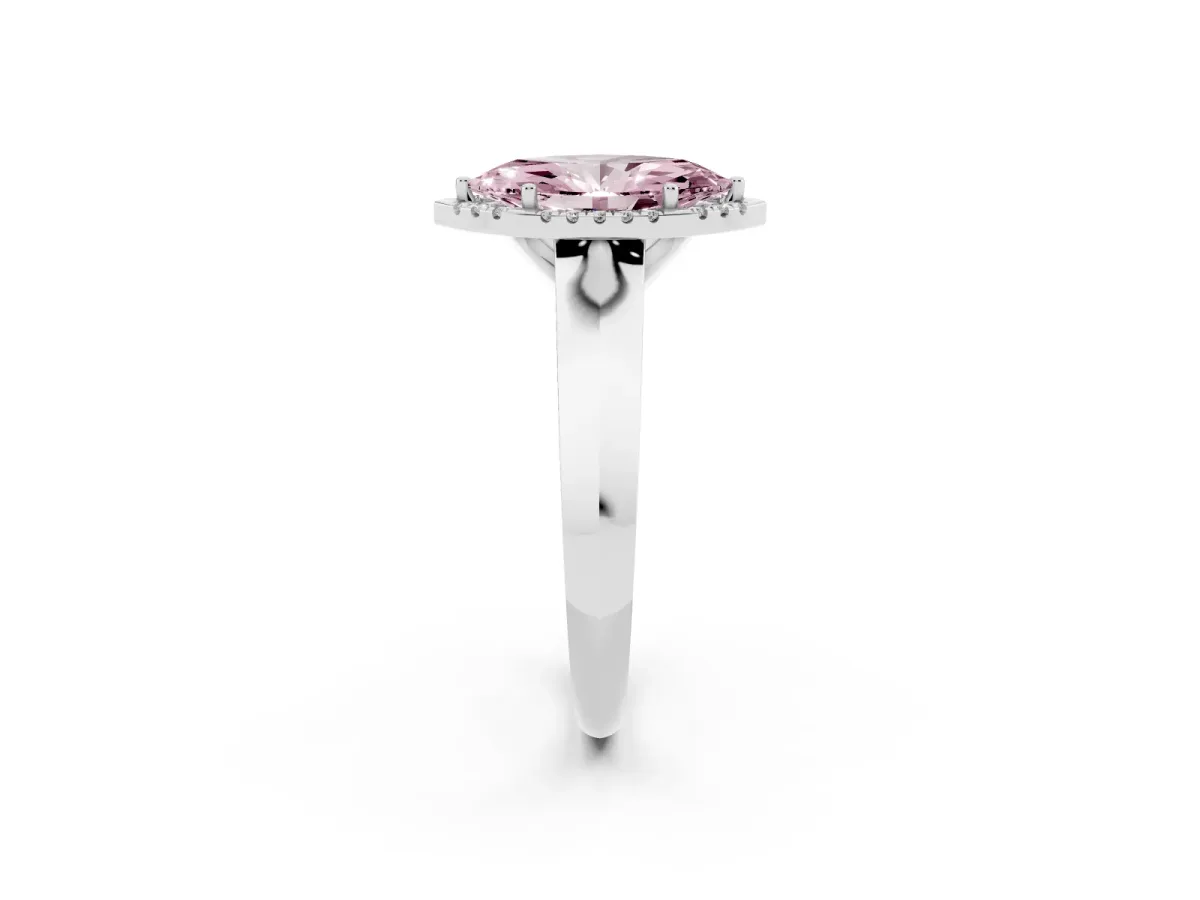 Fancy Pink Marquise Cut Halo Diamond Ring with Cathedral Band and Four-Prong Setting Platinum