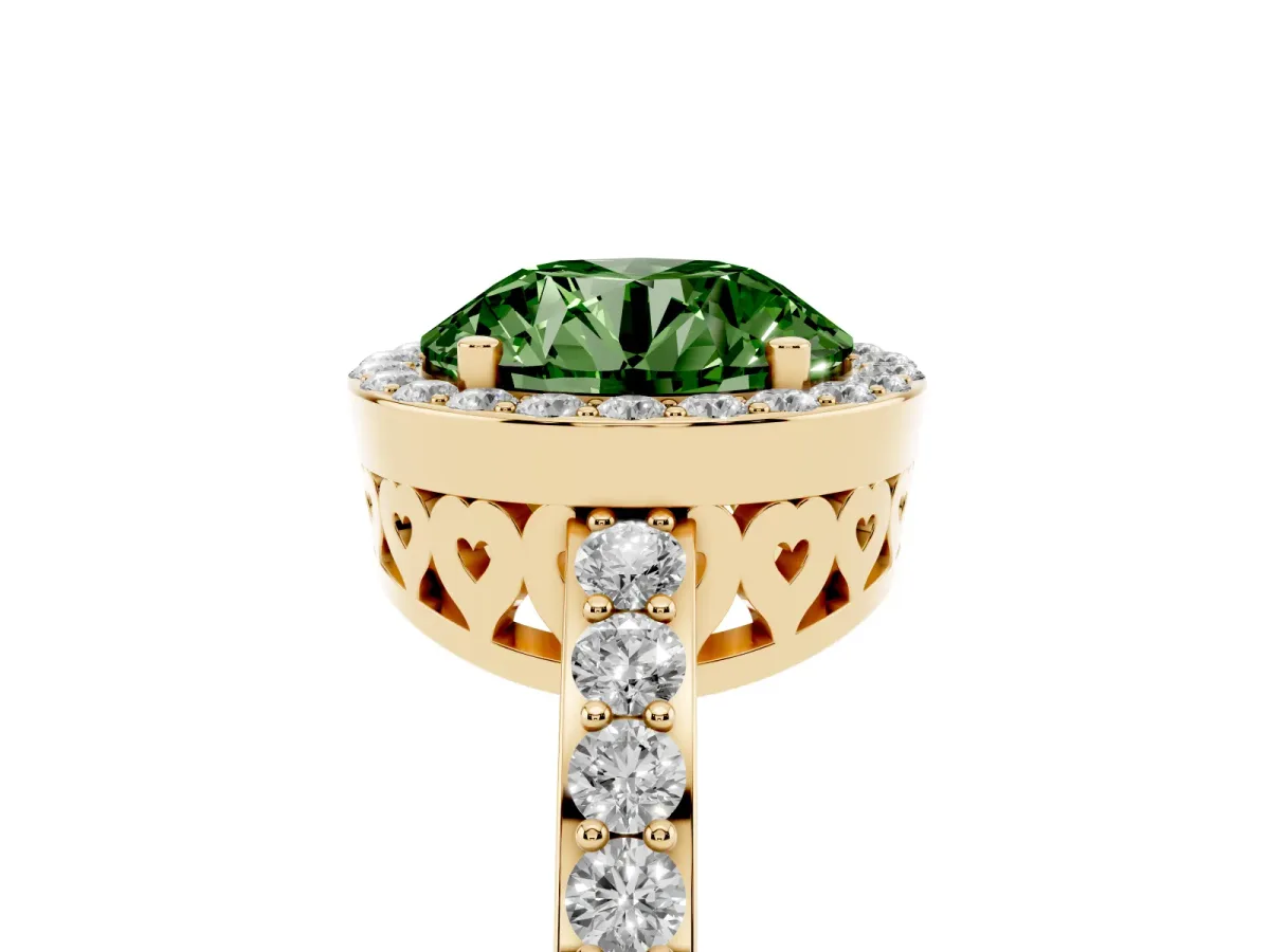 Fancy Green Round Cut Halo Diamond Pavé Band Ring with Prong Setting Yellow gold