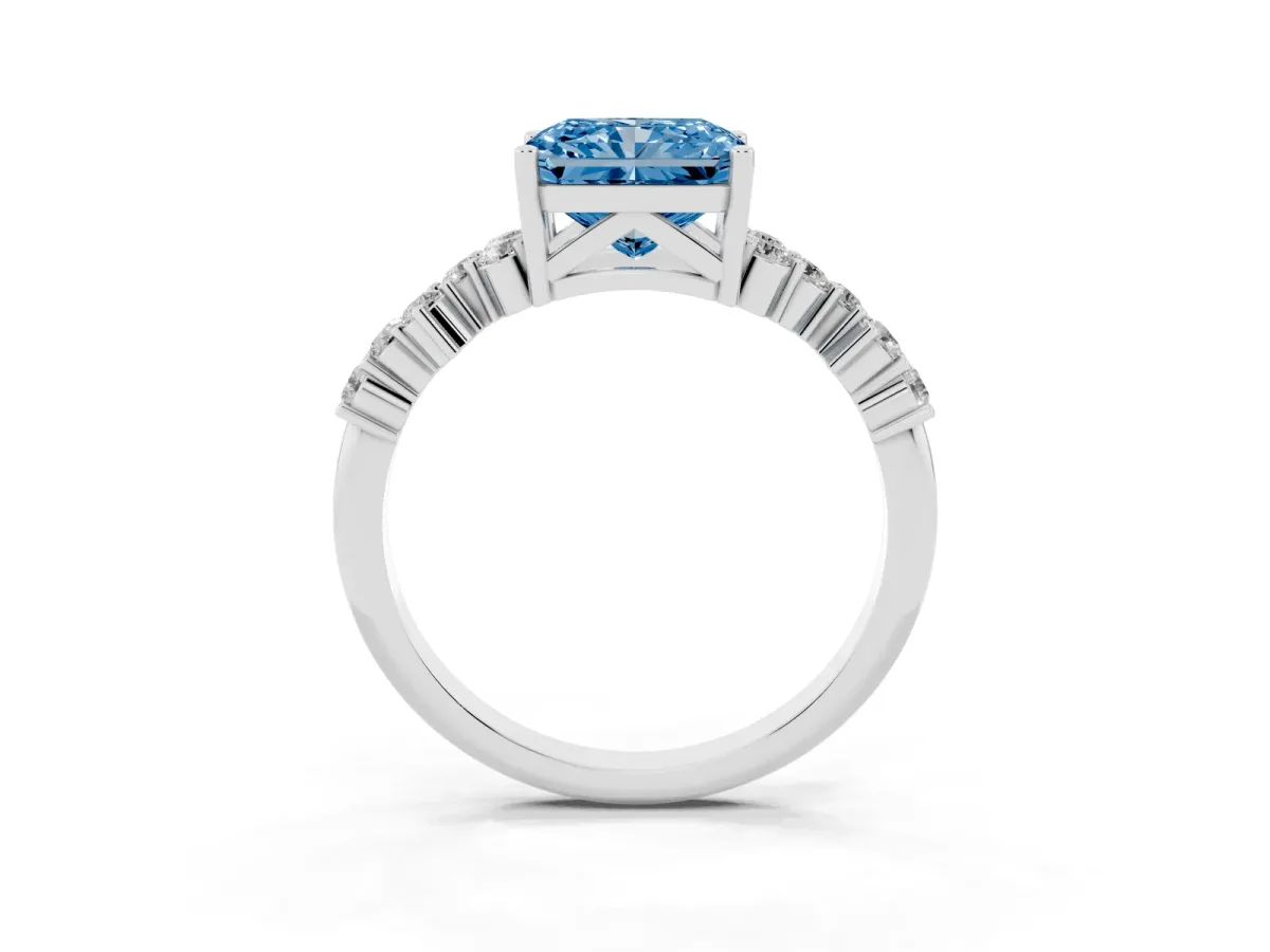 Fancy Blue Radiant Cut Diamond Scattered Round Accent Ring with Prong Setting White gold