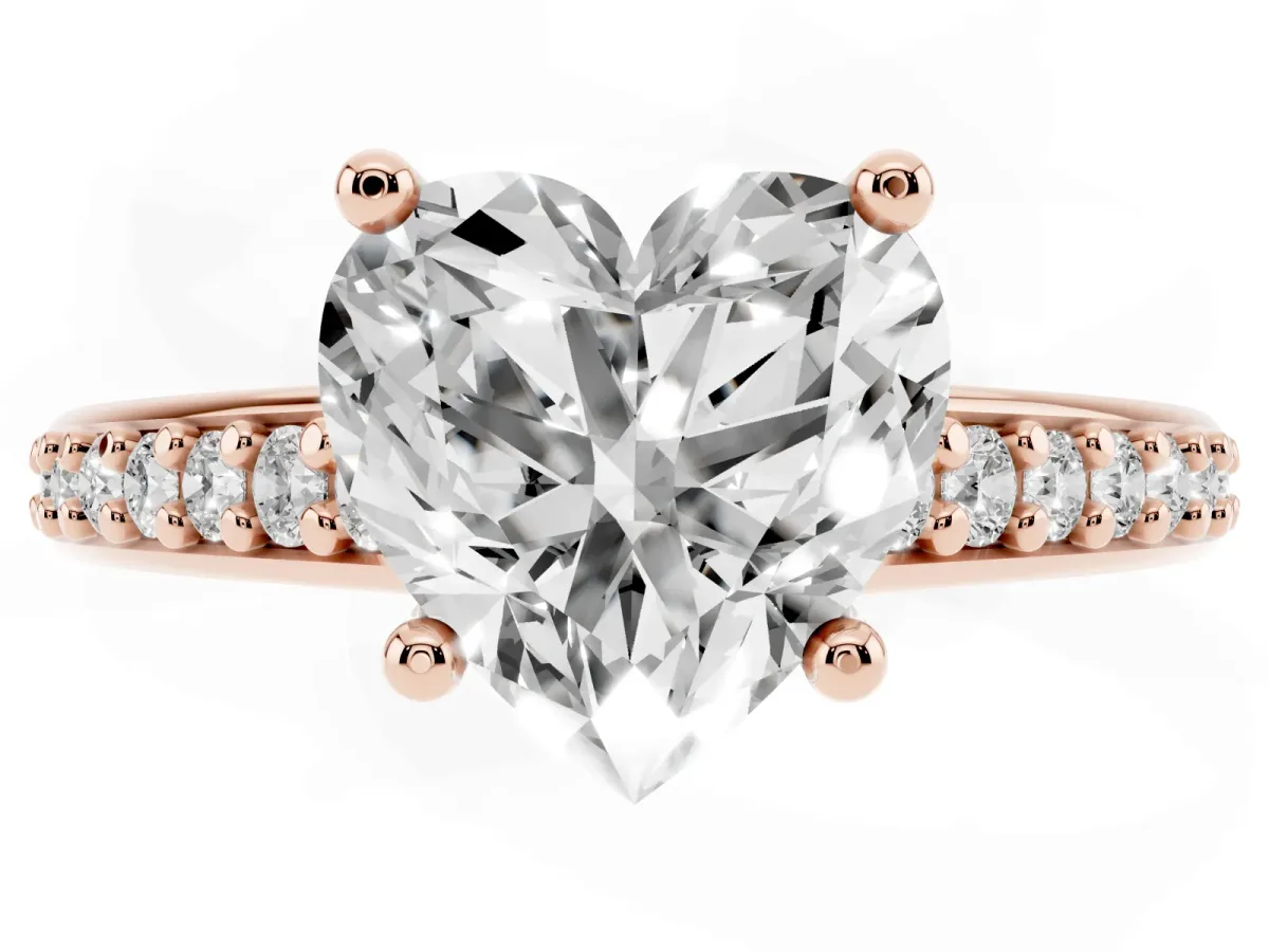 Heart Cut Solitaire Prong Set Diamond Engagement Ring with Pave Band Rose gold