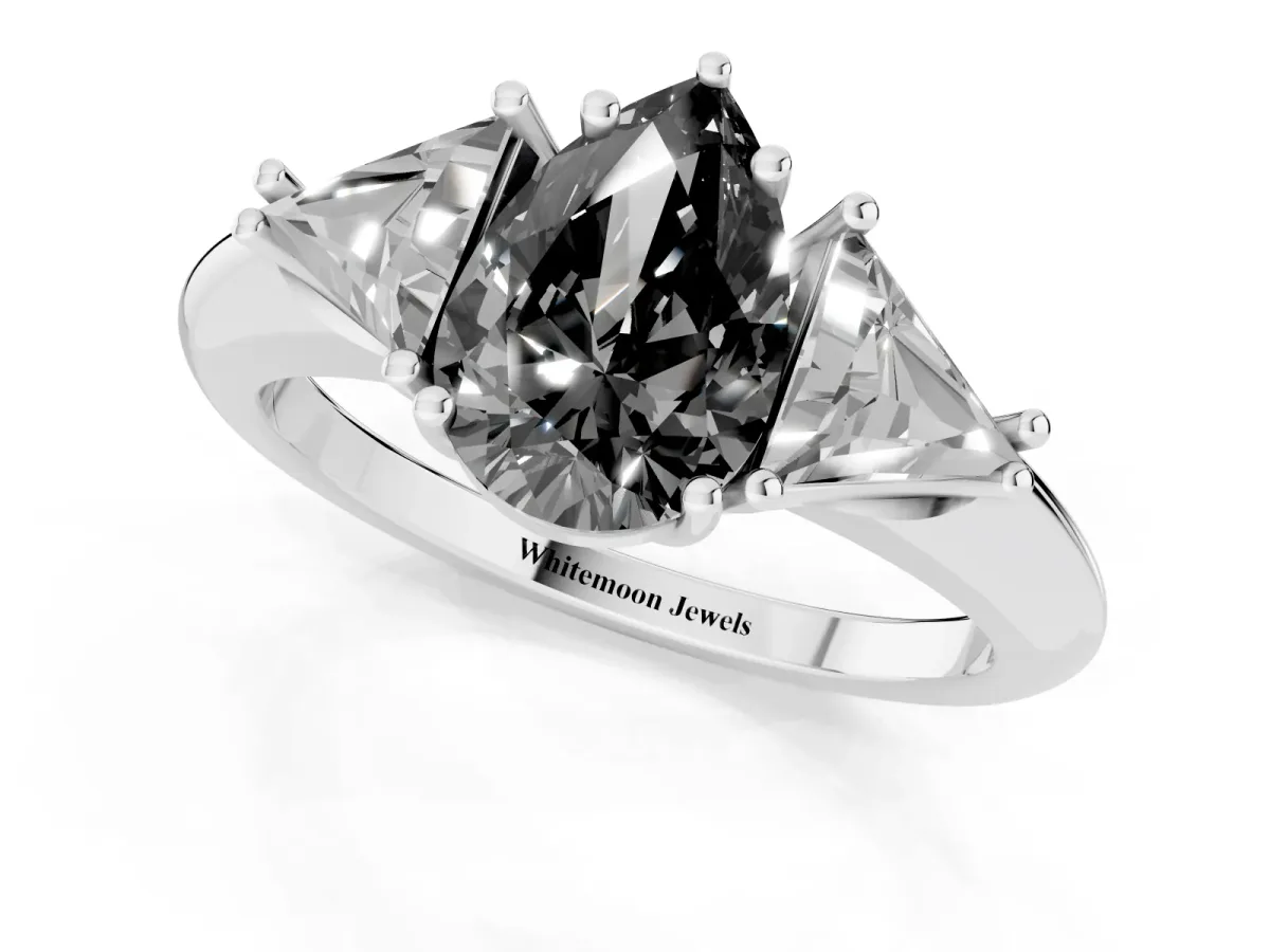 Fancy Black Three-Stone Pear Cut Diamond Engagement Ring with Trillion Side Stones and Prong Setting Silver