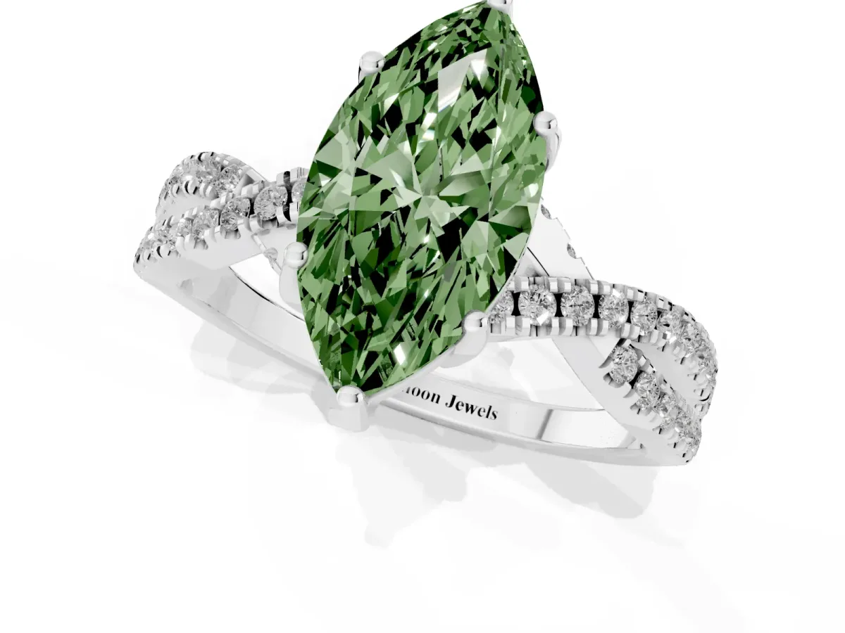 Fancy Green Marquise Cut Solitaire Twist Pave Diamond Engagement Ring with Prong Setting Silver
