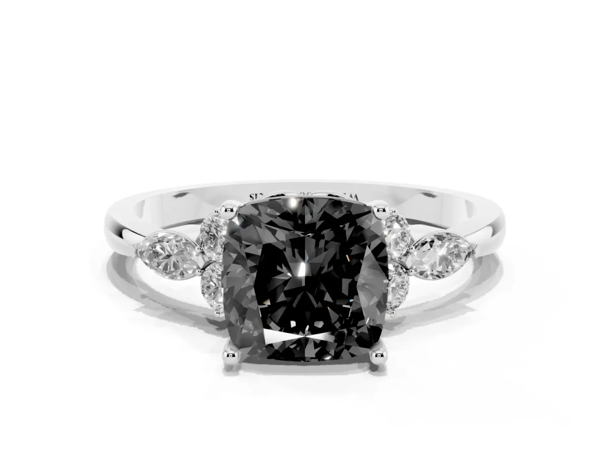 Fancy Black Cushion Cut Brilliant Diamond Solitaire Ring with Pear Side Stones and Four-Prong Setting White gold