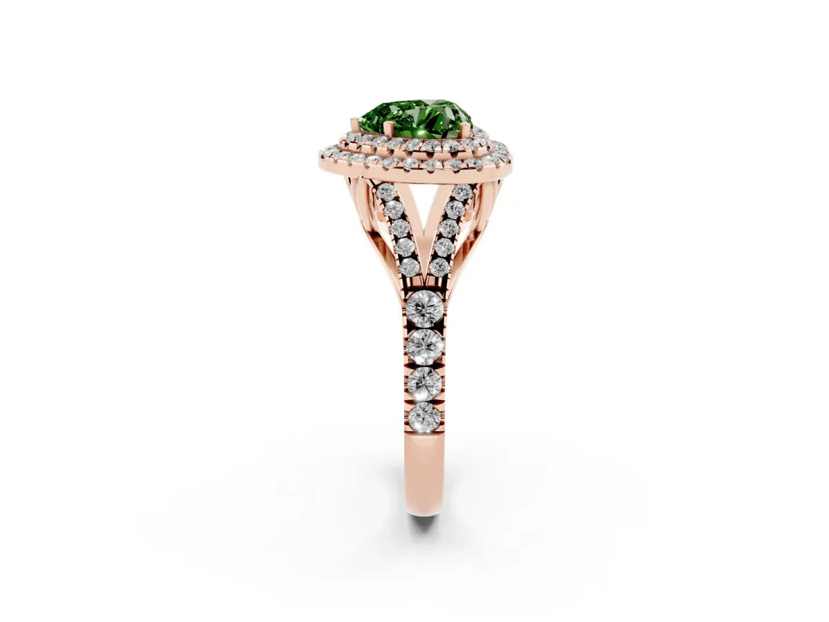 Fancy Green Heart Cut Cut Double Halo Split Shank Diamond Ring with Prong Setting Rose gold