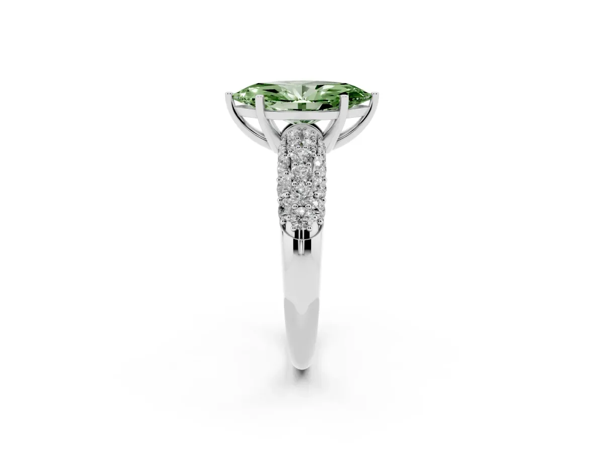 Fancy Green Marquise Cut Diamond Pavé Band Solitaire Ring with Four-Prong Setting Silver
