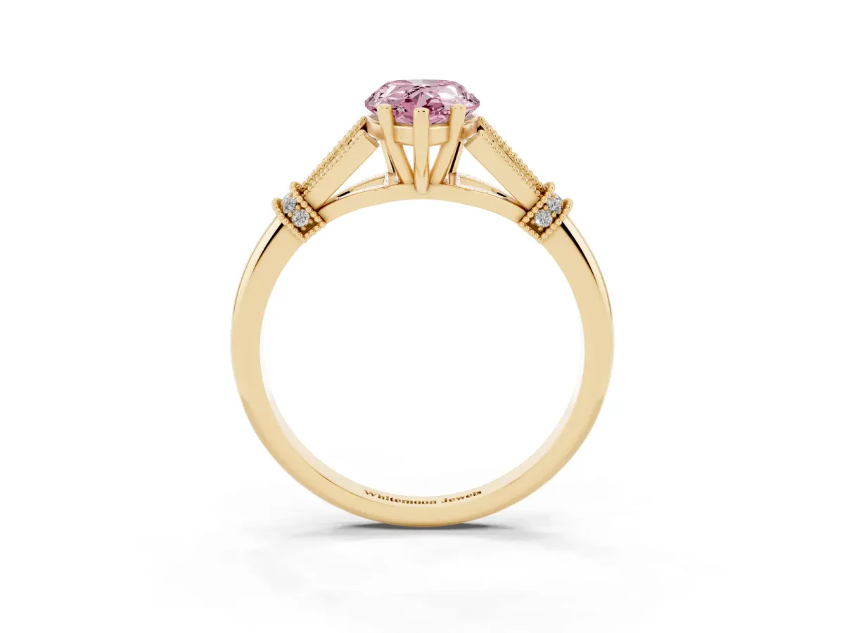 Fancy Pink Pear Cut Diamond Solitaire Ring with Floral Filigree and Pave Accents Yellow gold