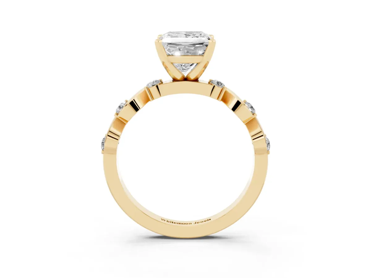Princess Cut Diamond Solitaire Twisted Band with Round Accents and Prong Setting Yellow gold