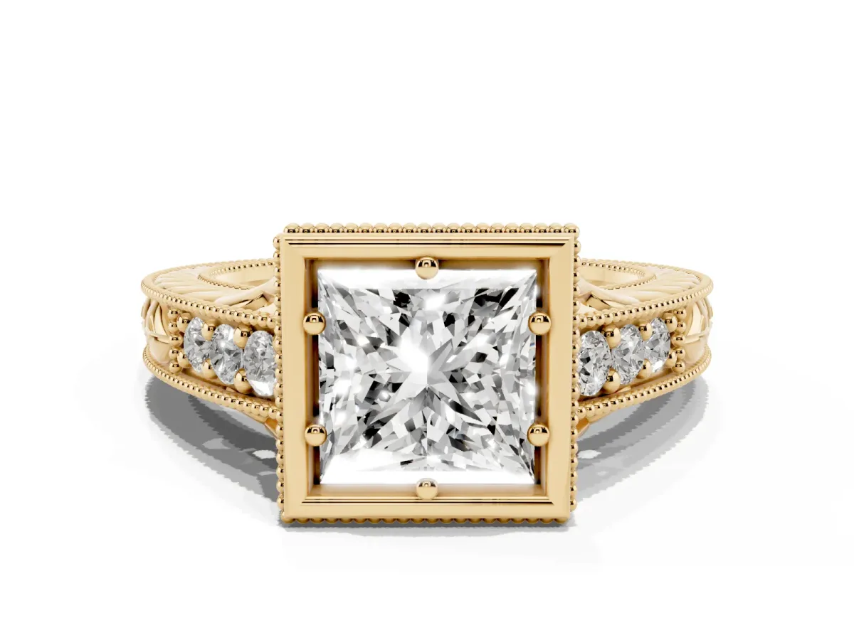 Bezel Set Princess Cut Diamond Milgrain Pave Engagement Ring Yellow gold