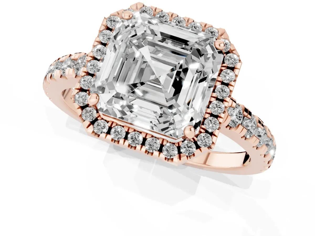 Asscher Cut Diamond Halo Ring with Pavé Band and Four-Prong Setting Rose gold