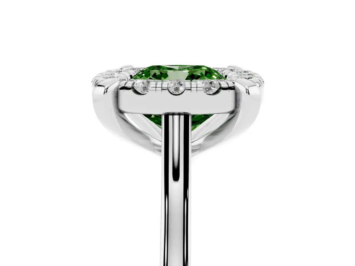 Fancy Green Cushion Cut Diamond Cluster Halo Solitaire with Four-Prong Setting Silver