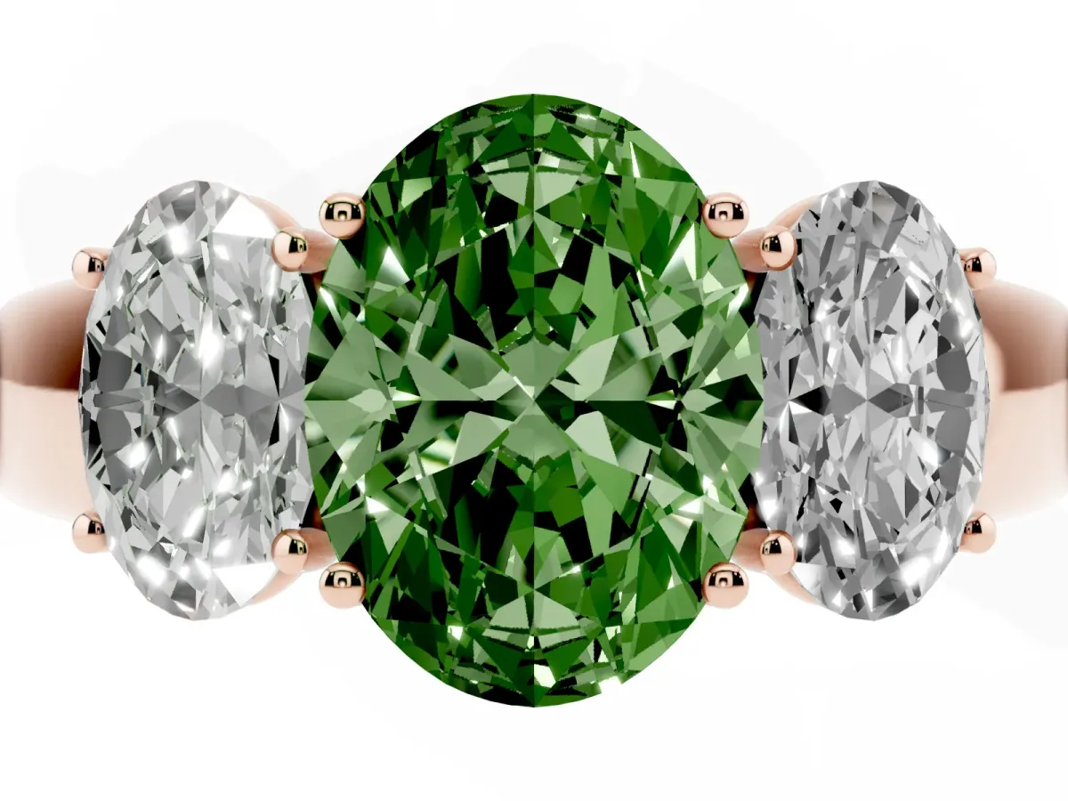 Fancy Green Three-Stone Oval Cut Cut Diamond Ring with Prong Setting and Classic Band Rose gold