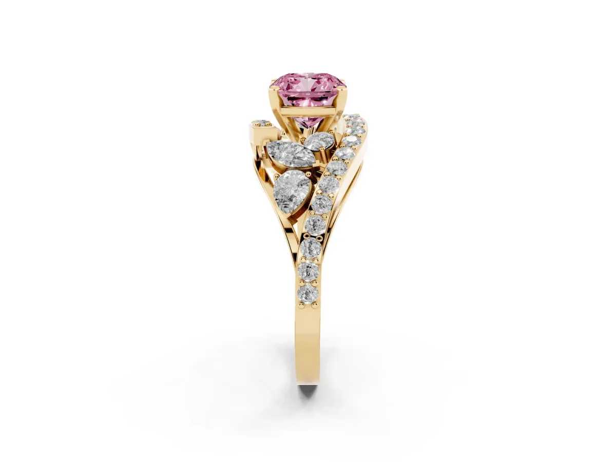 Fancy Pink Cushion Cut Diamond Halo Ring with Marquise and Pavé Band in Prong Setting Yellow gold