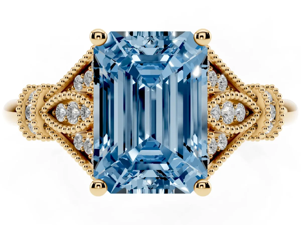 Fancy Blue Emerald Cut Diamond Solitaire Ring with Floral Filigree and Pave Accents Yellow gold