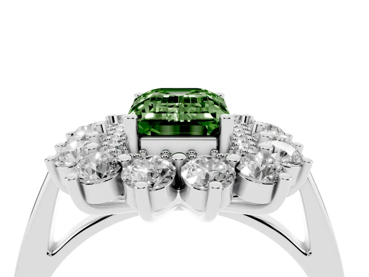 Fancy Green Emerald Cut Diamond Floral Double Halo Engagement Ring with Prong Setting Platinum