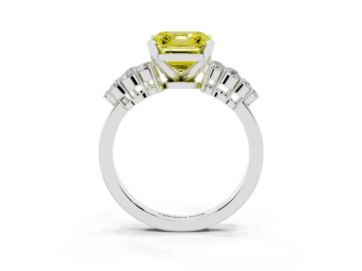Fancy Yellow Asscher Cut Cluster Diamond Engagement Ring with Pavé Band and Four-Prong Setting Platinum