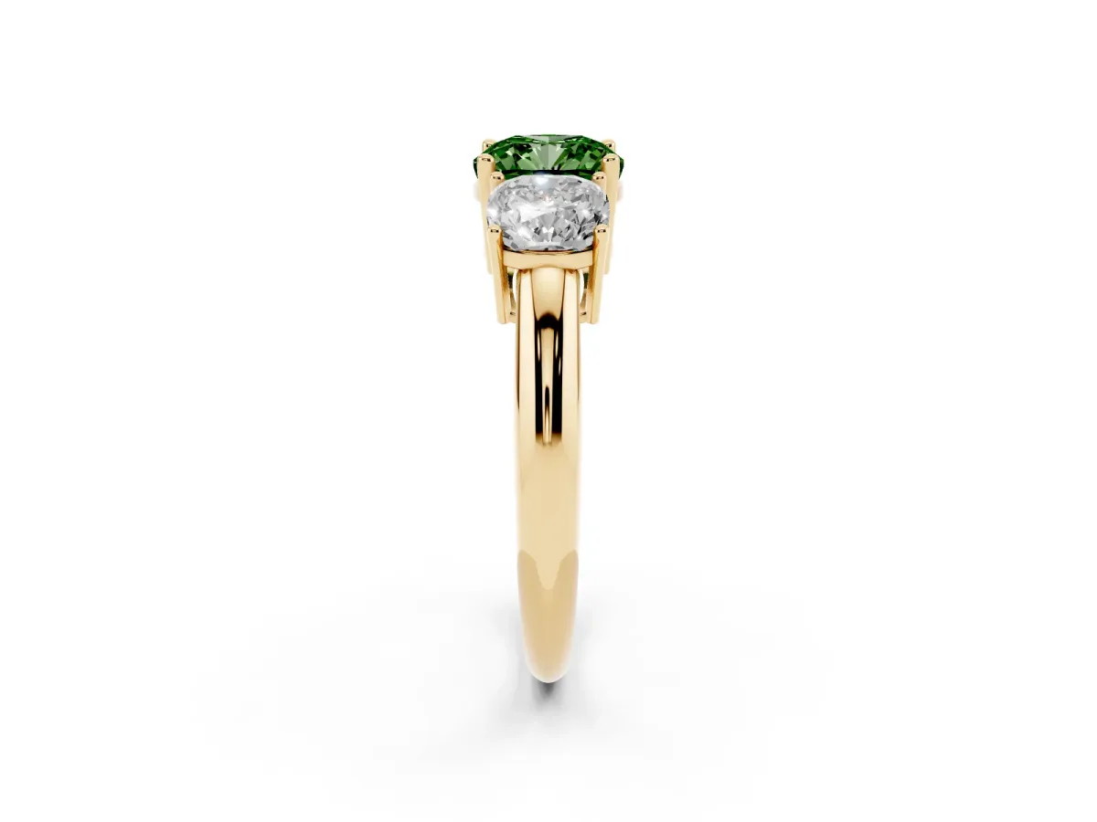 Fancy Green Three-Stone Cushion Cut Cut Diamond Engagement Ring with Prong Setting on a White Gold Band Yellow gold