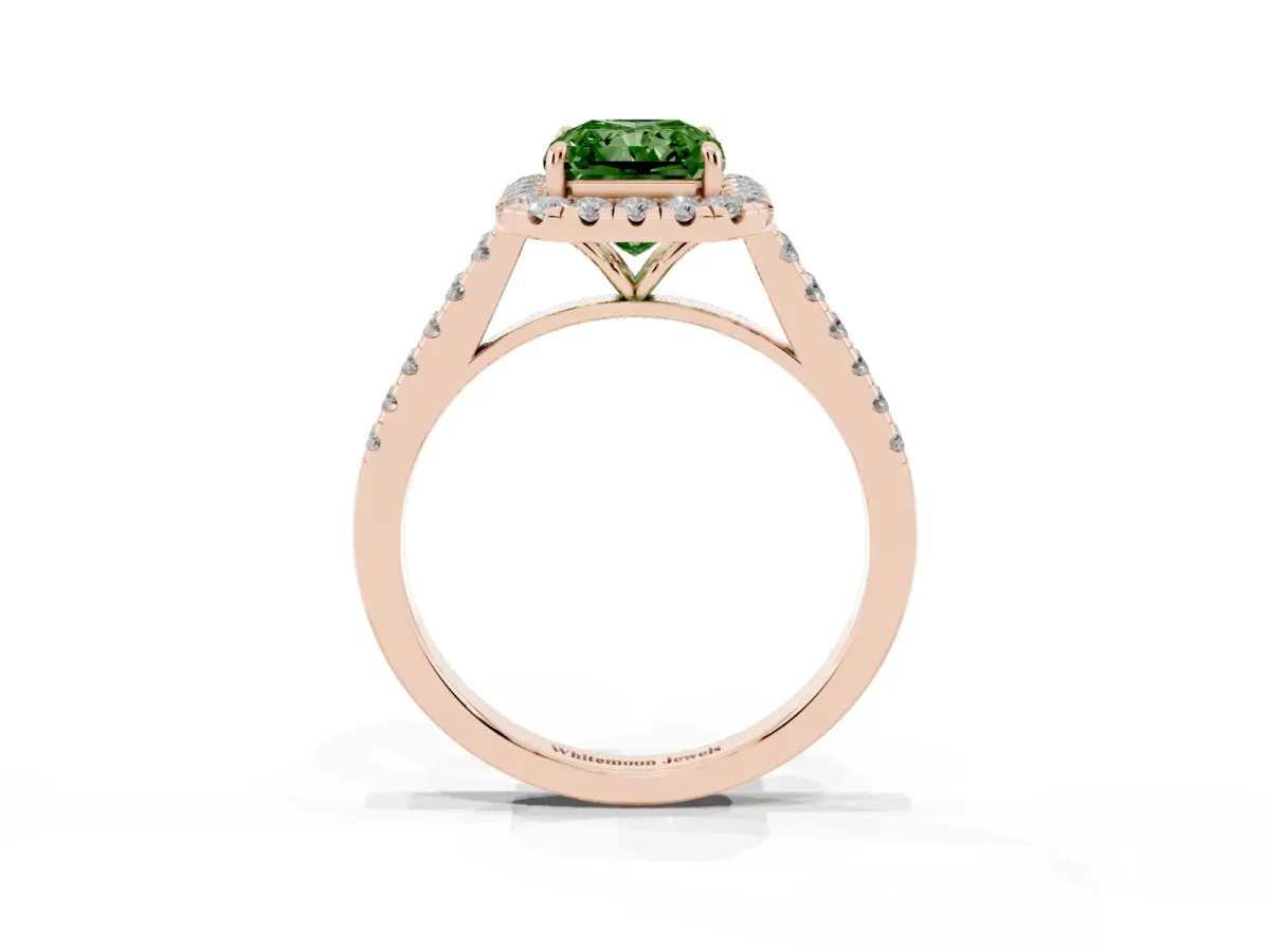 Fancy Green Radiant Cut Halo Pave Diamond Engagement Ring with Four-Prong Setting Rose gold