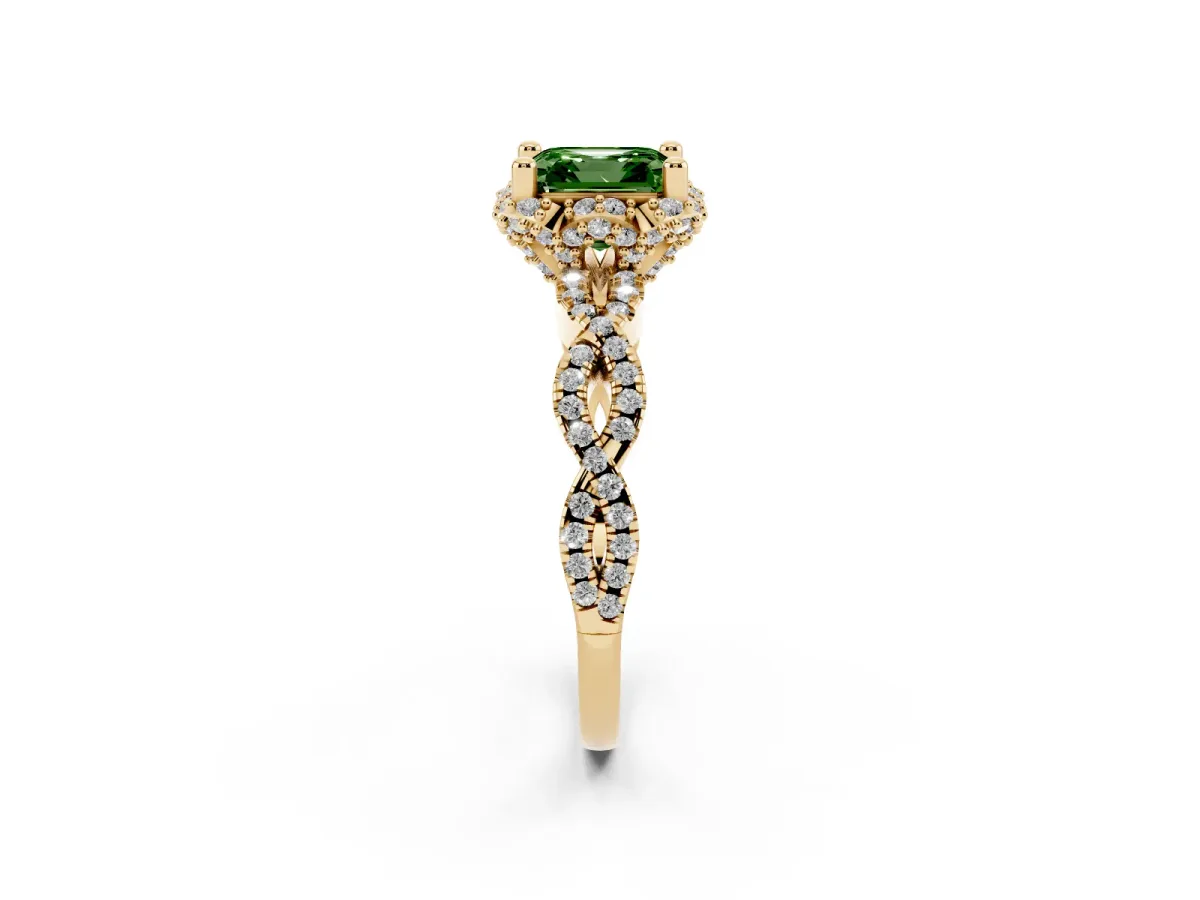 Fancy Green Asscher Cut Halo Twist Band Solitaire Ring with Six-Prong Setting Yellow gold