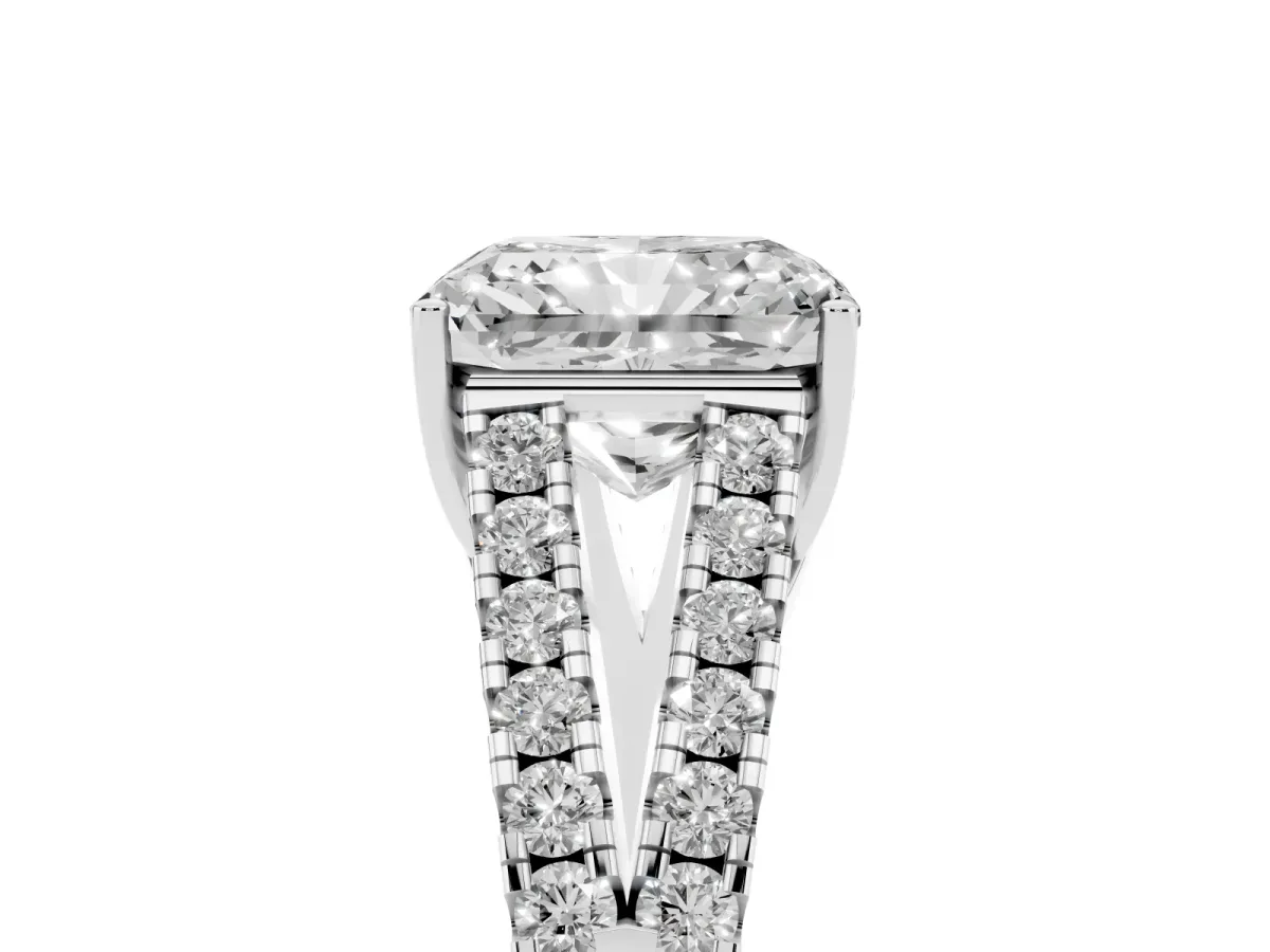 Radiant Cut Diamond Split Shank Engagement Ring with Round Pavé and Prong Setting Silver