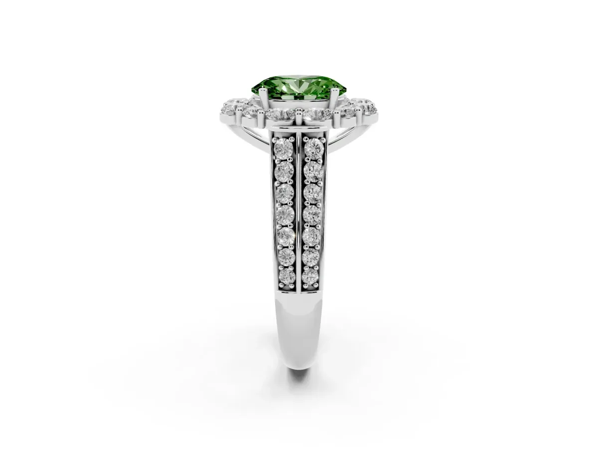 Fancy Green Oval Cut Halo Diamond Engagement Ring with Split Shank and Prong Setting Silver