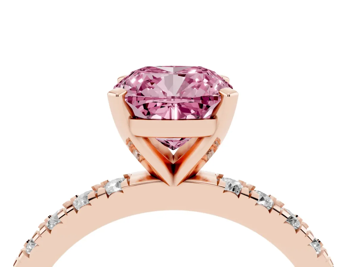 Fancy Pink Cushion Cut Diamond Pavé Band Solitaire with Four-Prong Setting Rose gold