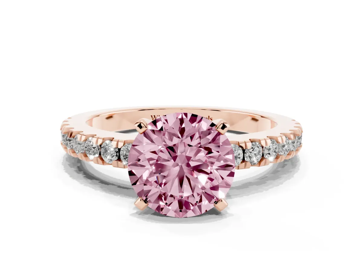 Fancy Pink Round Cut Solitaire Diamond with Pavé Band and Four-Prong Setting Rose gold