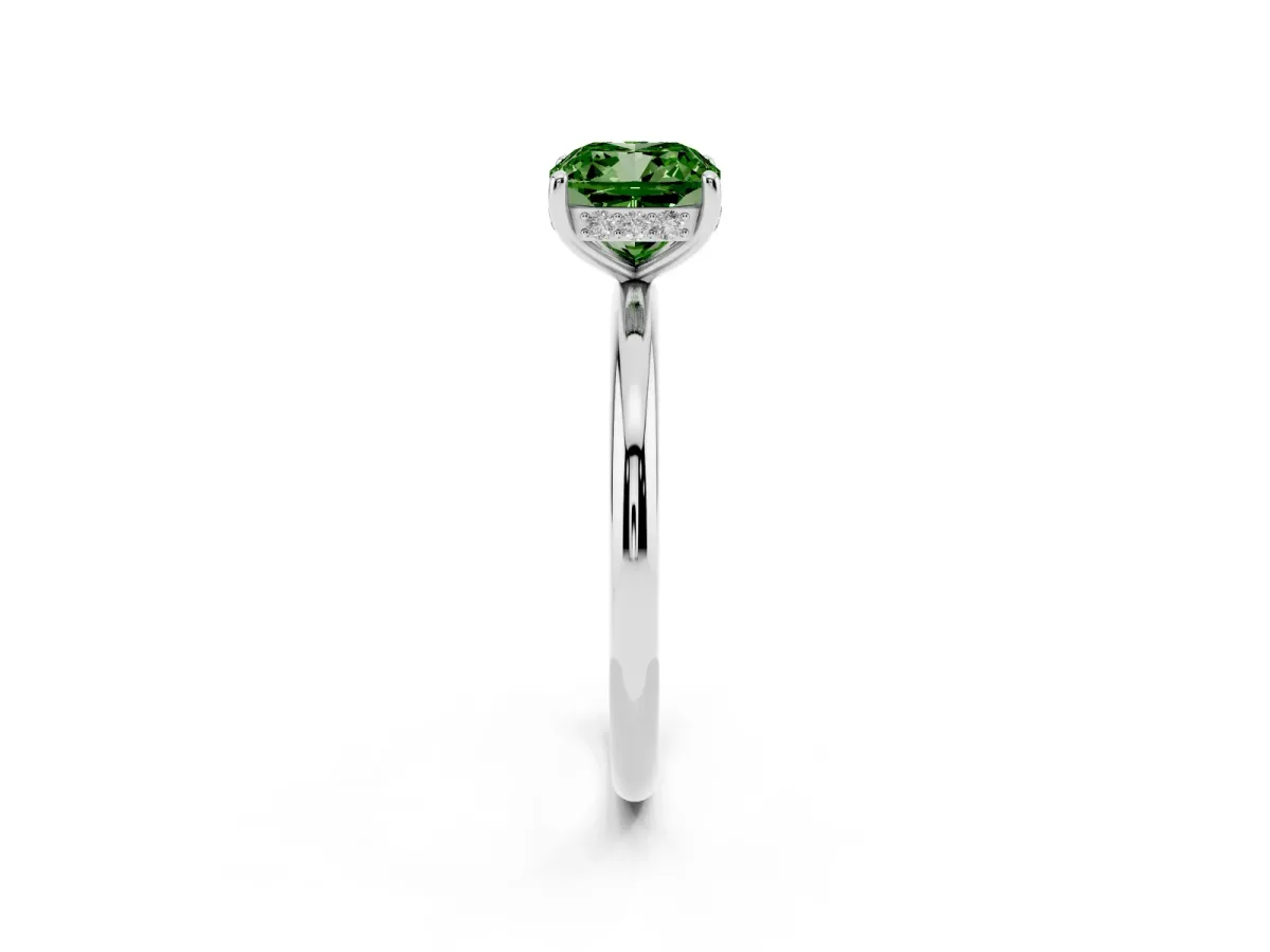 Fancy Green Cushion Cut Solitaire Diamond Ring with a Classic Band and Four-Prong Setting Silver