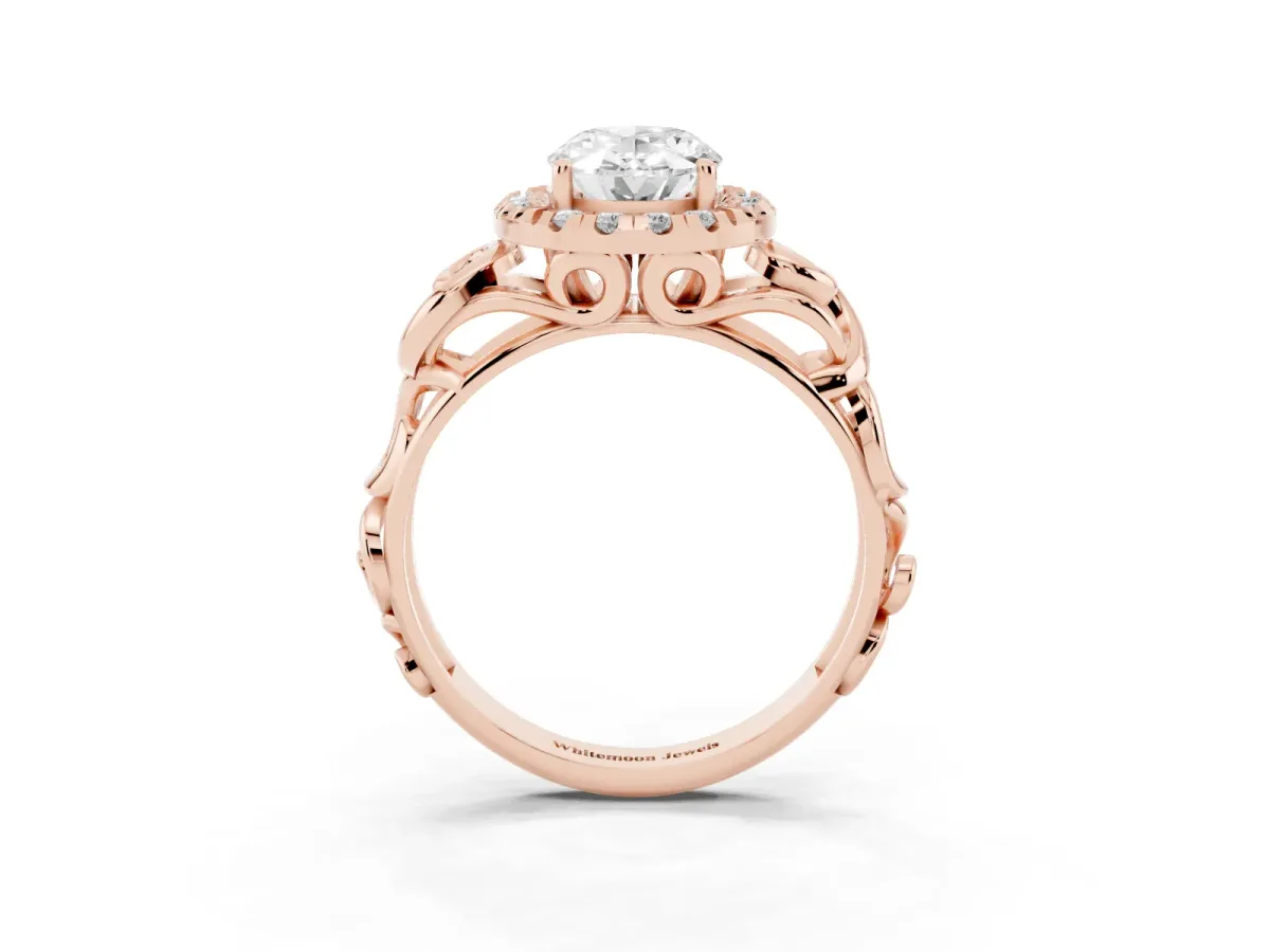 Oval Cut Cut Halo Diamond Ring with Scrollwork Band and Four-Prong Setting Rose gold