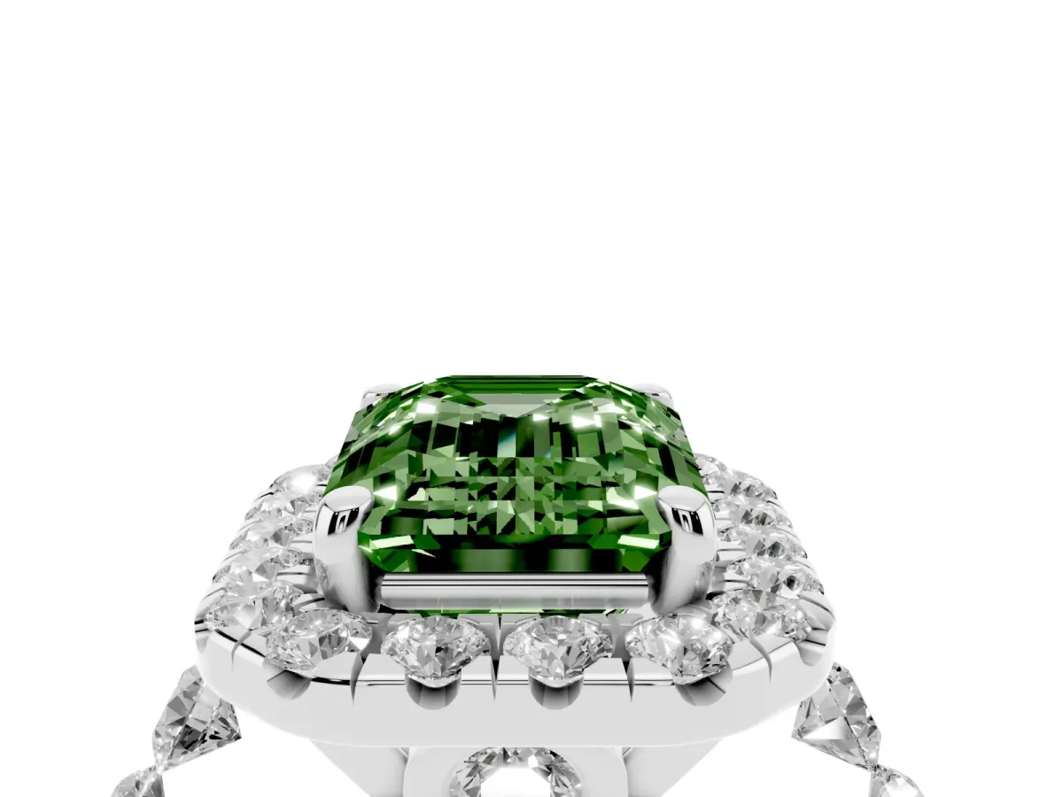 Fancy Green Emerald Cut Halo Pavé Diamond Engagement Ring with Four-Prong Setting Silver