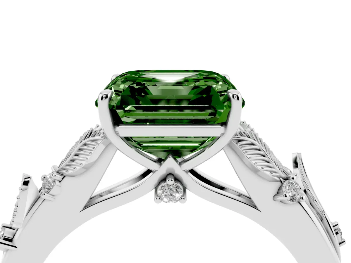 Fancy Green Asscher Cut Diamond Solitaire Ring with Leaf Motif Band and Four-Prong Setting Silver