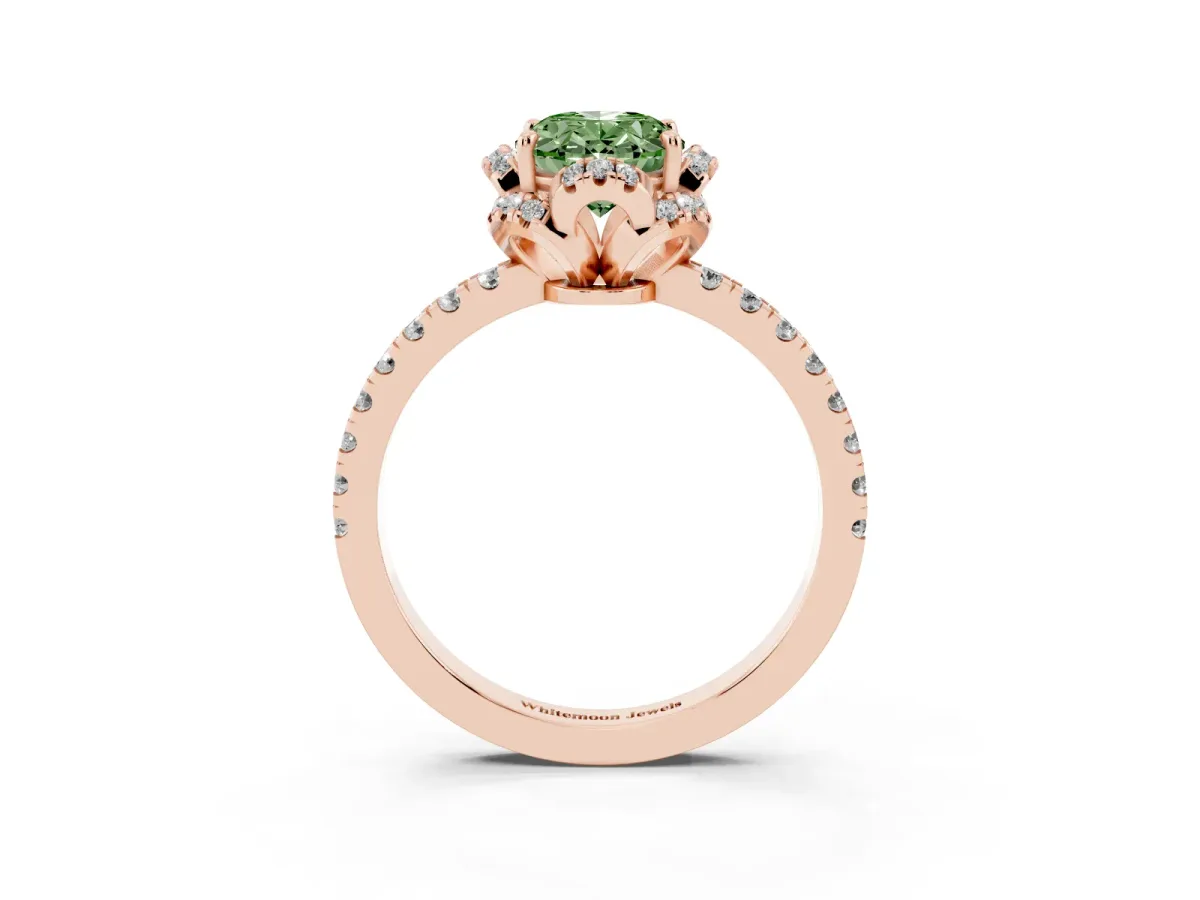 Fancy Green Oval Cut Diamond Halo Pave Band with Four-Prong Setting Rose gold