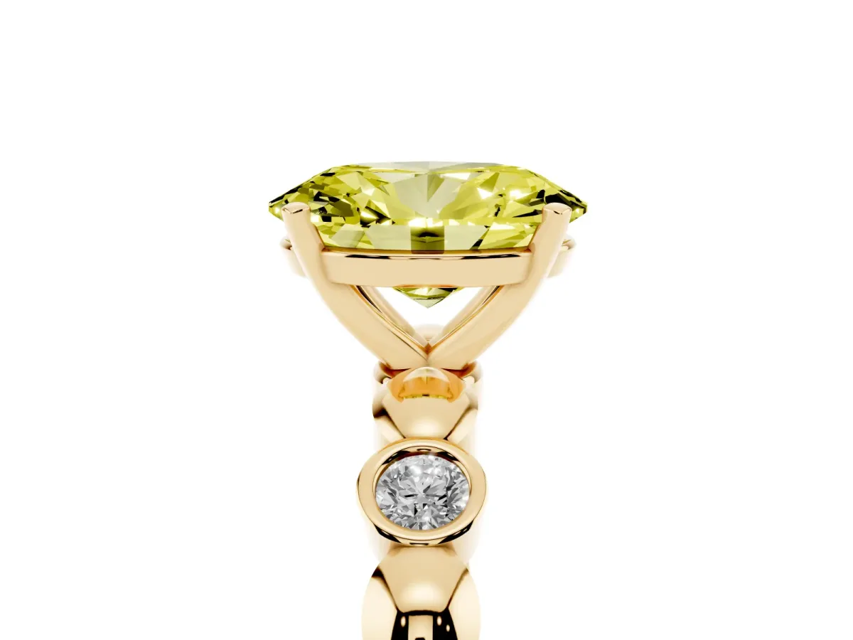 Fancy Yellow Oval Cut Solitaire Bezel-Set Diamond Ring with Beaded Band and Four-Prong Setting Yellow gold