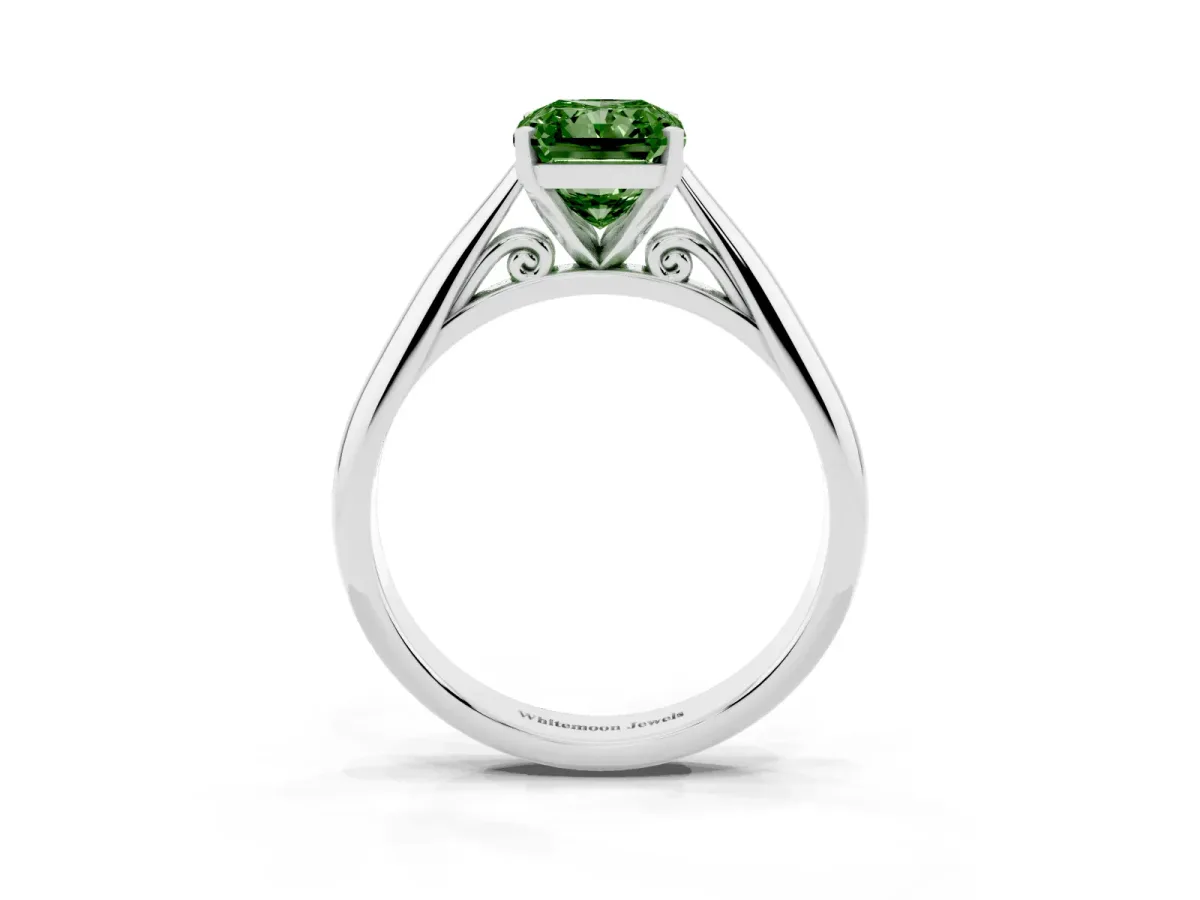 Fancy Green Radiant Cut Diamond Solitaire Engagement Ring with Cathedral Setting and Four-Prong Mount Silver