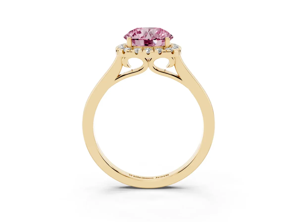 Fancy Pink Round Cut Halo Round Diamond Solitaire Ring with Pavé Band and Four-Prong Setting Yellow gold