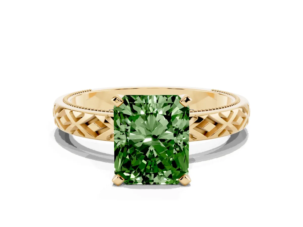 Fancy Green Radiant Cut Solitaire Diamond Ring with Milgrain and Black Enamel X Pattern Band Yellow gold