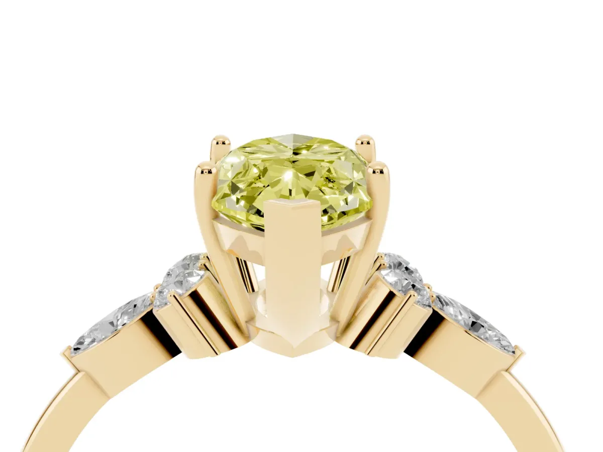 Fancy Yellow Marquise Cut Brilliant Diamond Solitaire Ring with Pear Side Stones and Four-Prong Setting Yellow gold