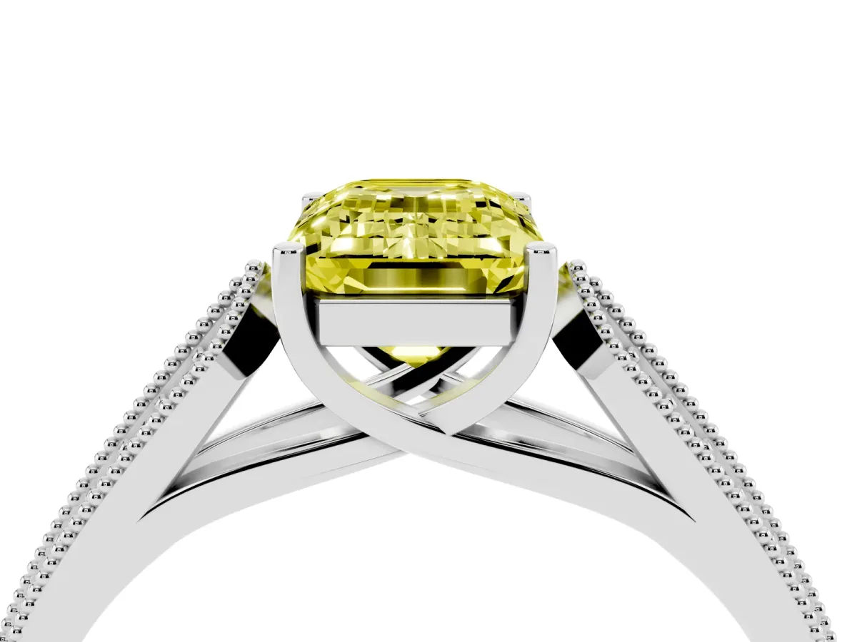 Fancy Yellow Emerald Cut Cut Pave Split Shank Engagement Ring with Four-Prong Setting White gold