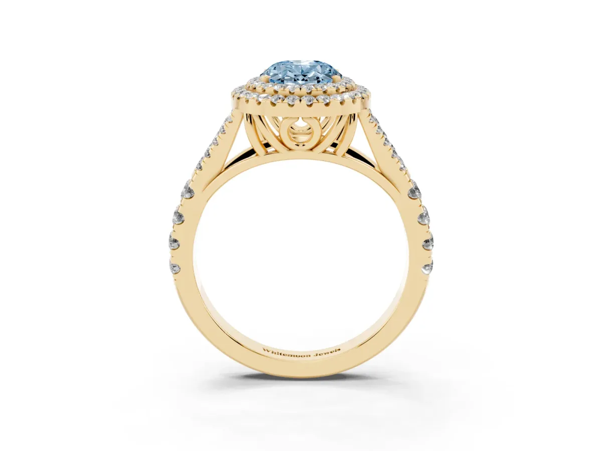 Fancy Blue Oval Cut Cut Double Halo Split Shank Diamond Ring with Prong Setting Yellow gold