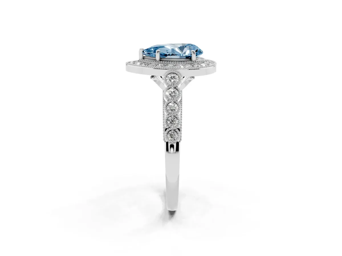 Fancy Blue Pear Cut Halo Twist Band Solitaire Ring with Six-Prong Setting Silver