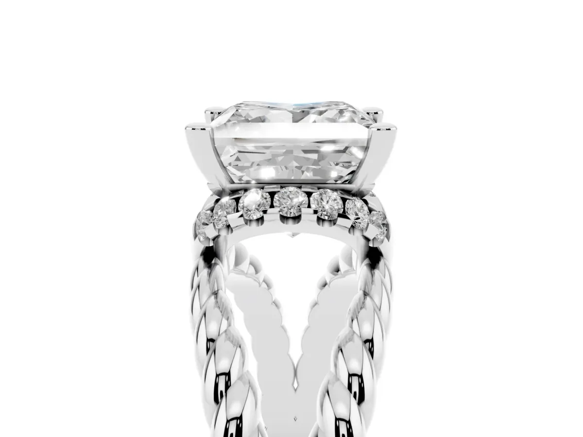 Princess Cut Halo Twisted Band Four-Prong Ring Silver