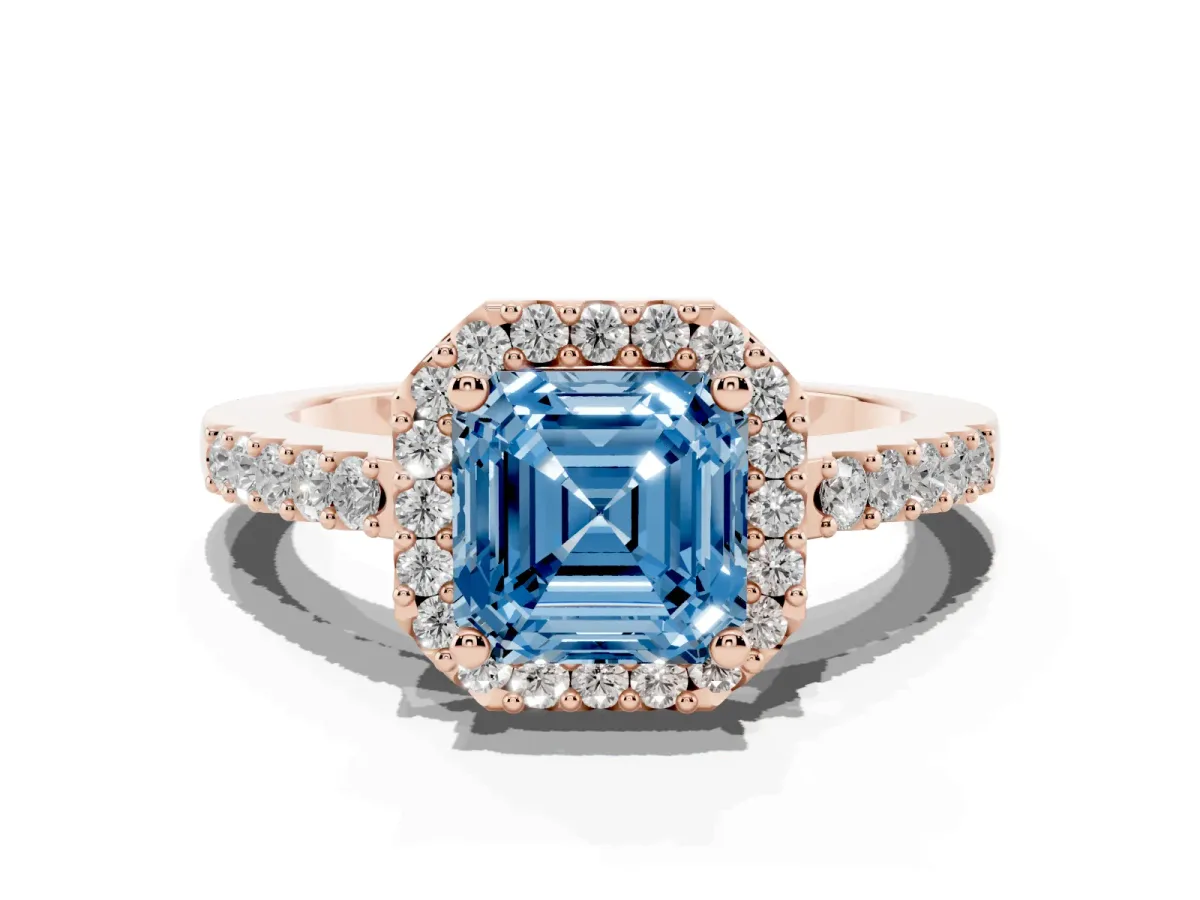 Fancy Blue Asscher Cut Halo Diamond Pavé Solitaire Ring Rose gold