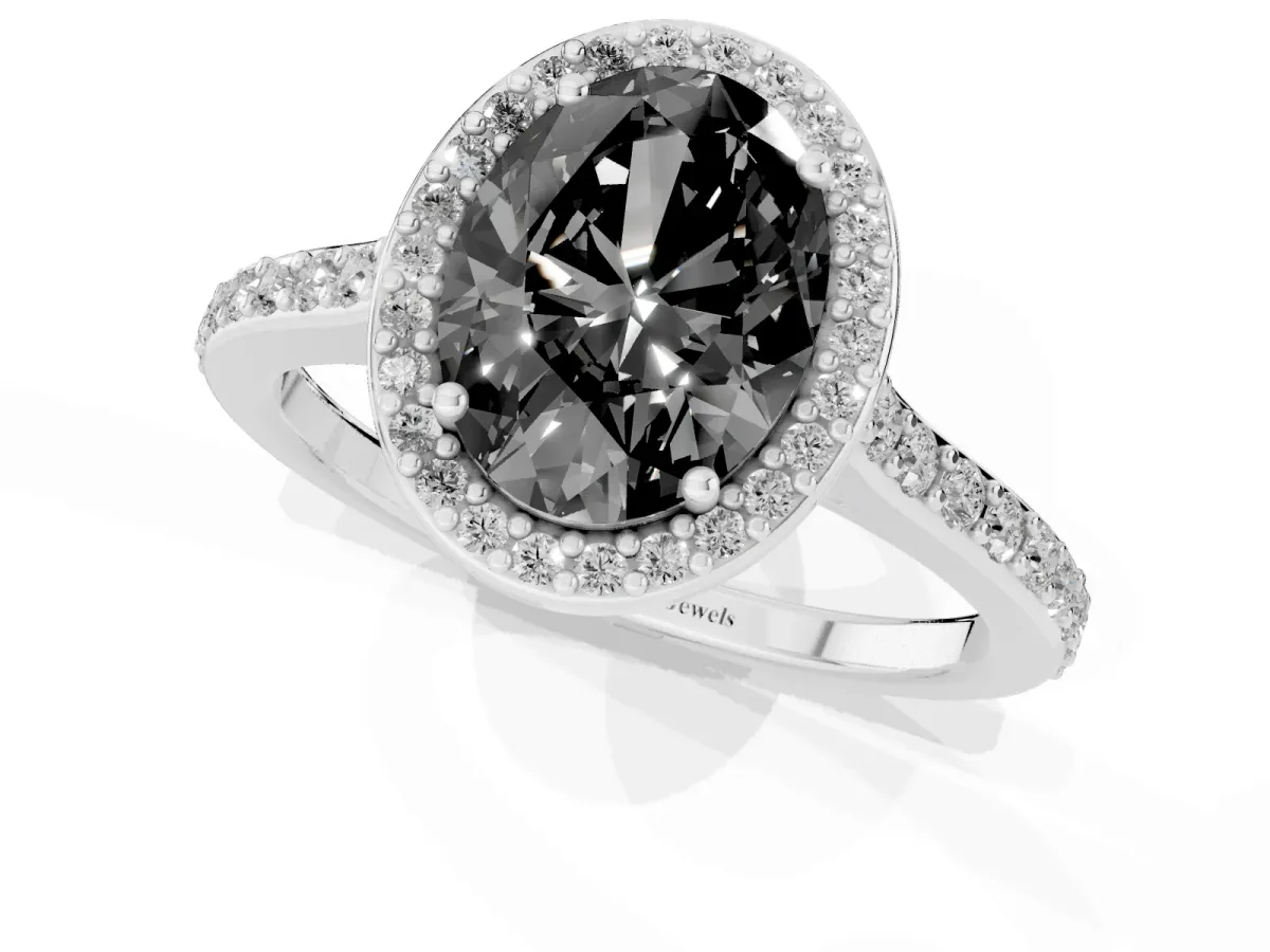 Fancy Black Oval Cut Diamond Halo Engagement Ring with Round Pavé Shoulders and Prong Setting Platinum