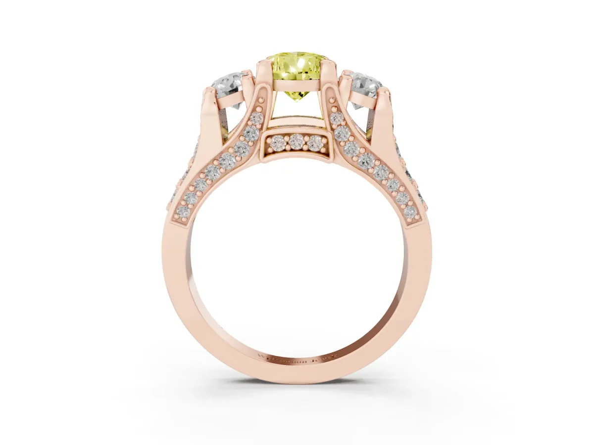 Fancy Yellow Pear Cut Diamond Three-Stone Ring with Channel Set Band and Four-Prong Setting Rose gold