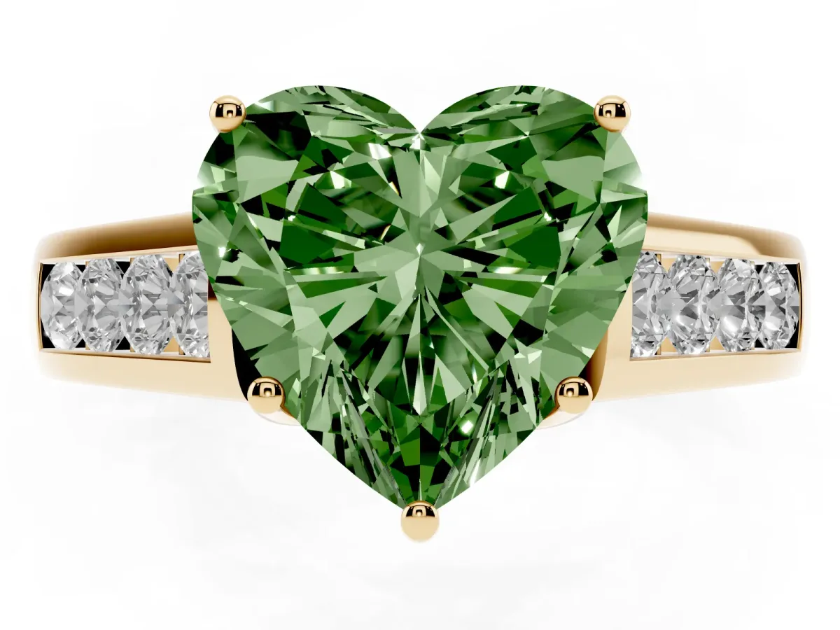 Fancy Green Heart Cut Solitaire Channel-Set Diamond Engagement Ring with Four-Prong Setting Yellow gold
