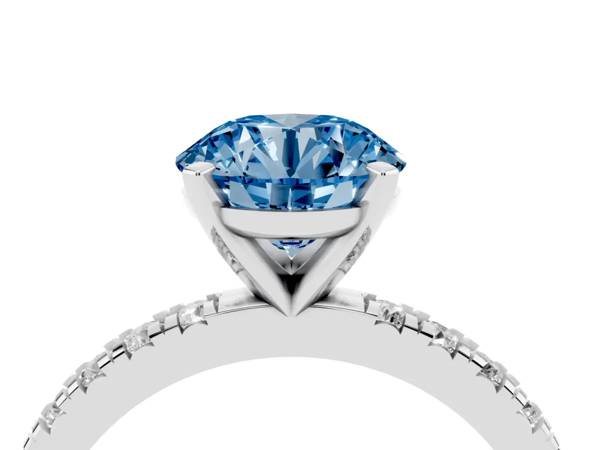 Fancy Blue Round Cut Diamond Pavé Band Solitaire with Four-Prong Setting Platinum