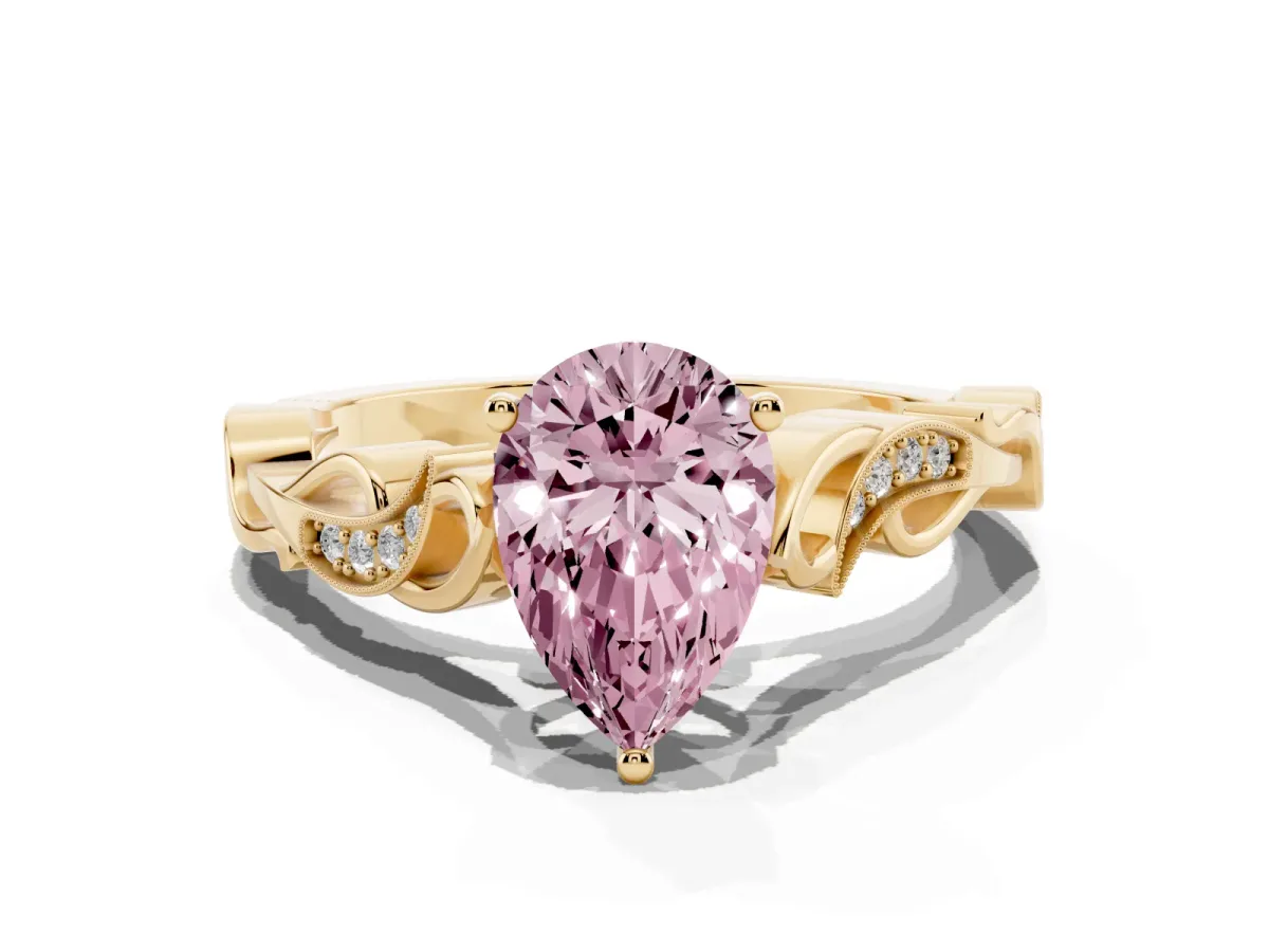 Fancy Pink Pear Cut Solitaire Vine Band with Milgrain Prong Setting Yellow gold