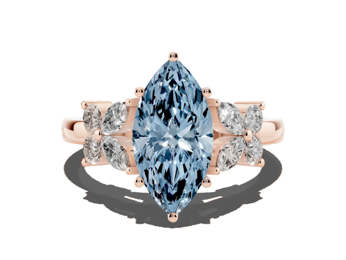 Fancy Blue Marquise Cut Diamond Floral Cluster Ring with Solitaire Band and Prong Setting Rose gold