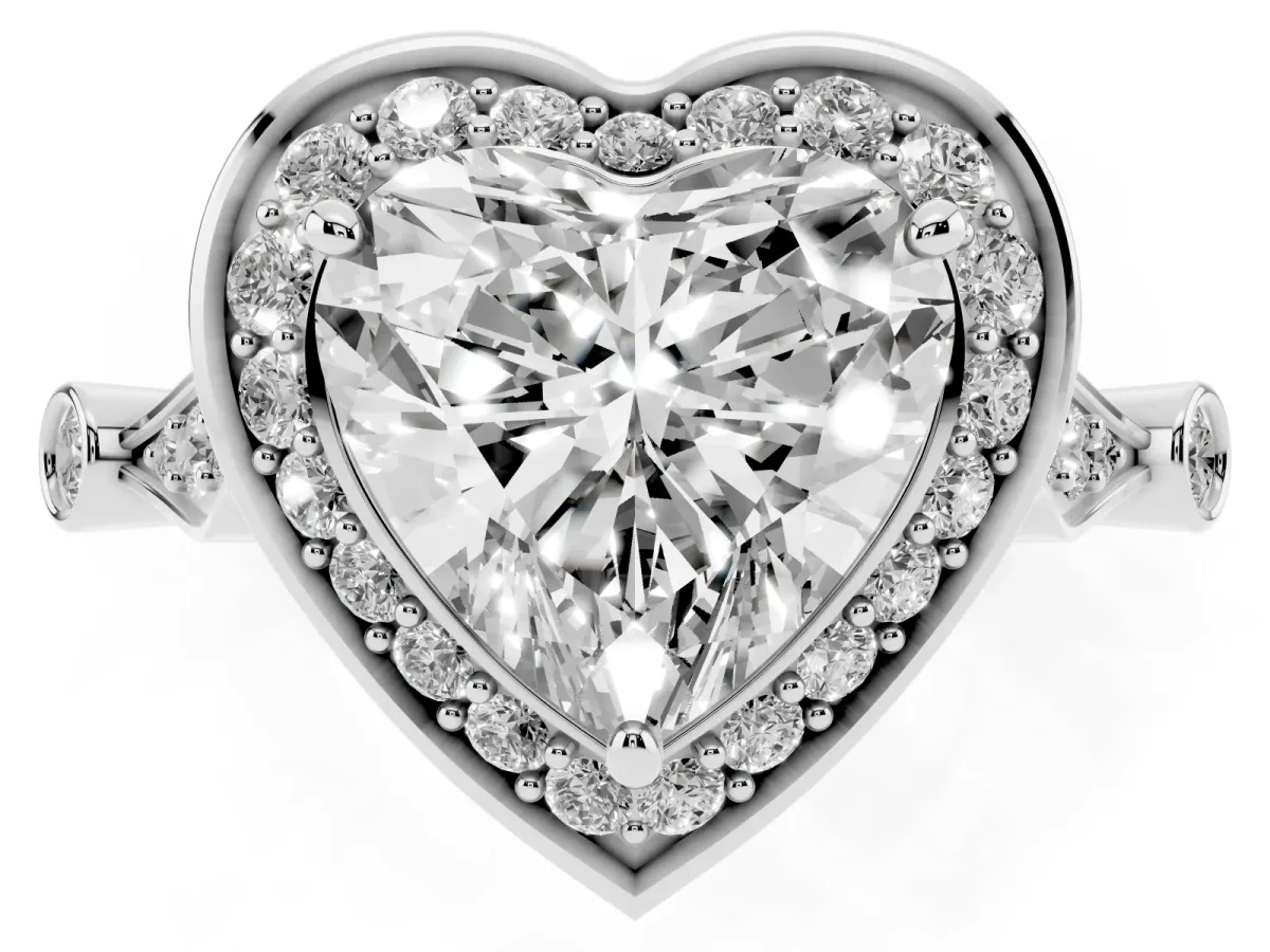 Heart Cut Halo Diamond Engagement Ring with Twisted Band and Four-Prong Setting White gold